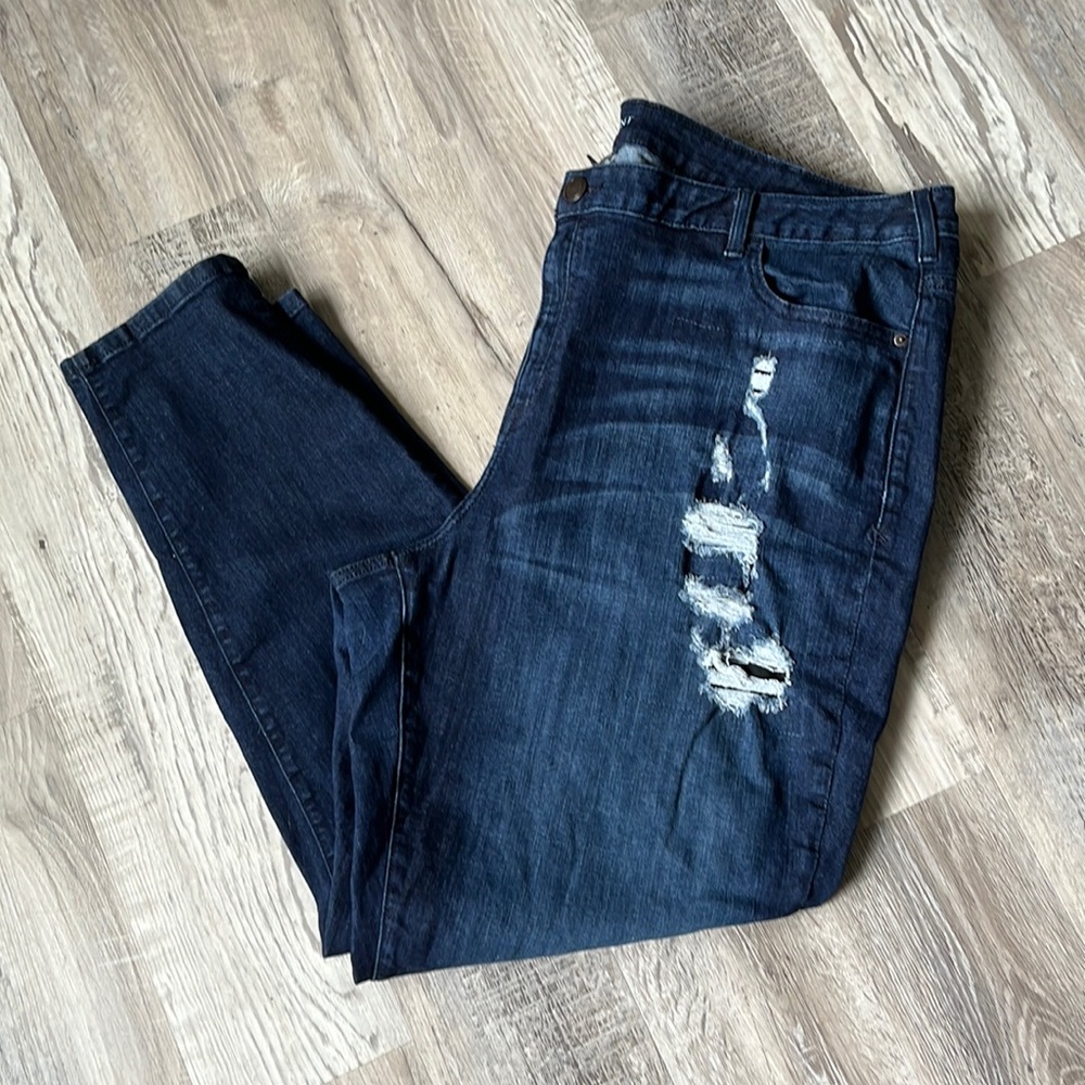 Lane Bryant distressed skinny jeans. Dark wash. Size 28- 92% cotton